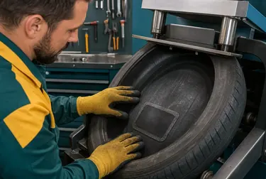 Técnico fazendo vulcanização de pneu em Jacareí.