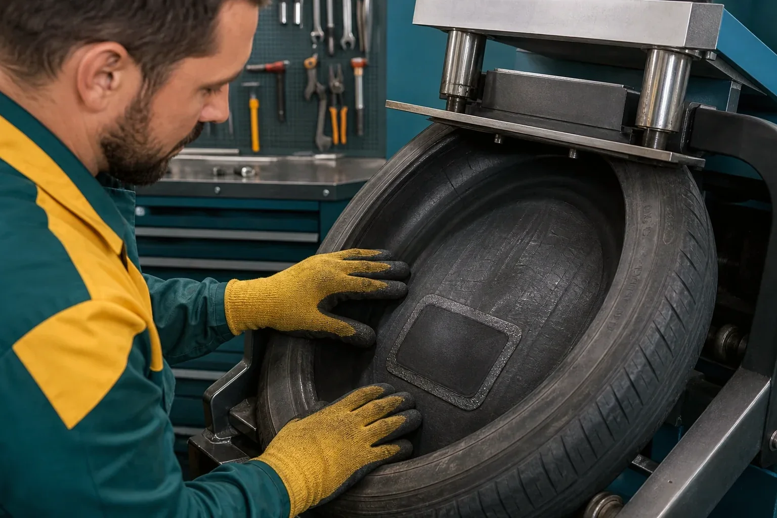 Técnico fazendo vulcanização de pneu em Jacareí.